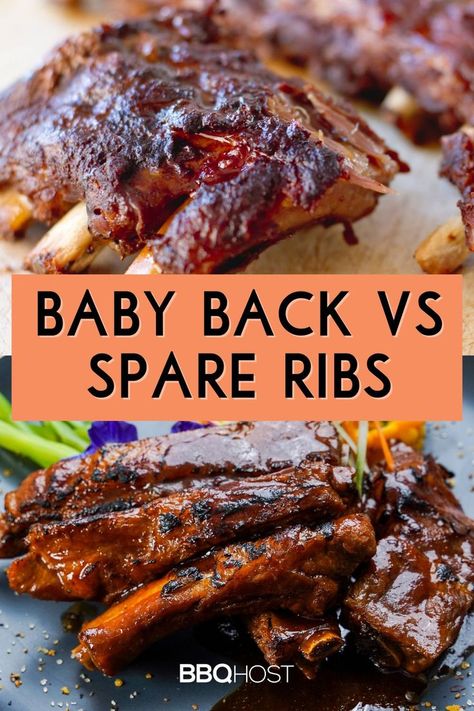 Baby back vs spare ribs - what's the difference? Learn about the unique characteristics of each meat cut, from the leaner baby backs to the larger, more flavorful spare ribs. Discover which one suits your taste buds best! Check out our blog post for the ultimate guide on these two popular rib cuts and save this pin for your next BBQ adventure! Different Cuts Of Steak, Steak Cuts, Back Ribs, Smoked Beef, Barbecue Party, Grilling Tips, Baby Back Ribs, Beef Cuts, Bbq Ribs