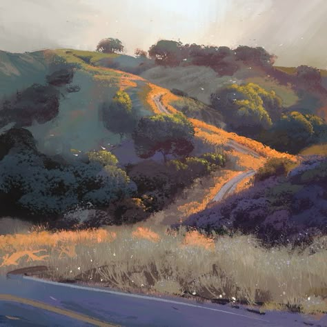 Nathan Fowkes, California Hills, Watercolor People, Concept Art Tutorial, Environment Art, Landscape Illustration, Traditional Paintings, Environment Concept Art, Environmental Art