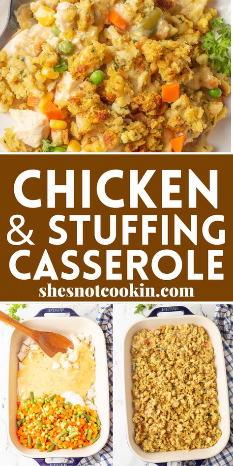 Chicken & Stuffing casserole served on a white plate. Easy Chicken And Stuffing Casserole, Easy Chicken And Stuffing, Chicken Stuffing Bake, Stuffing Bake, Rotisserie Chicken Recipes Leftover, Chicken And Dressing Casserole, Chicken Stuffing Casserole, Chicken And Stuffing, Chicken Stuffing