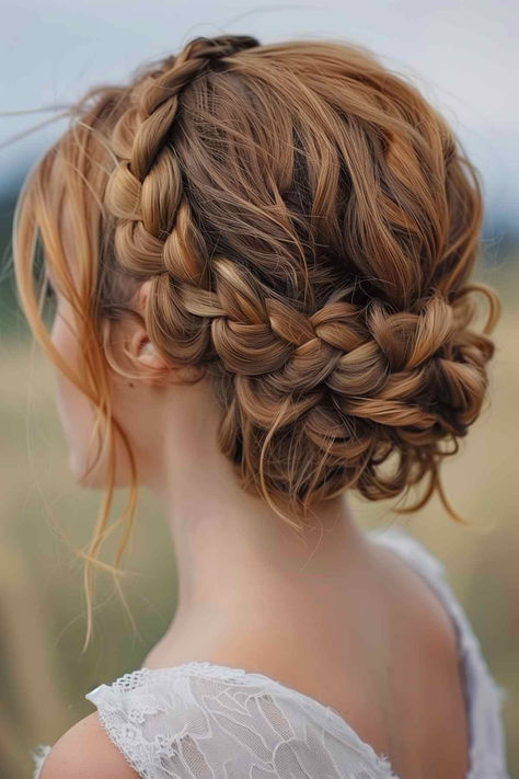 25 Best Wedding Hairstyle Ideas for Medium-Length Hair Braid Crown Bridesmaid, Wedding Hairstyles For Medium Length Curly Hair, Milkmaid Braid Wedding Hair, Fall Wedding Hair Updo, Crown Of Braids, Medieval Bridal Hair, Braid Crown Bridal Hair, Wedding Updo Red Hair, Wedding Medium Length Hairstyles