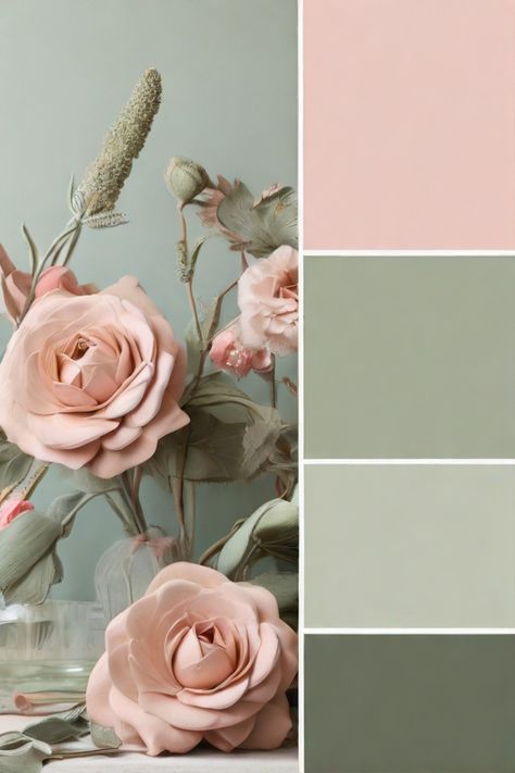 Green Pink Paint Palette, Sage Color Room Ideas, Green And Blush Pink Living Room, Paint For Walls Colors, Sage And Pink Palette, Sage And Pink Interior, Blush Pink And Green Bedroom Ideas, Colours That Compliment Sage Green, Sage Green And Blush Pink Color Palette