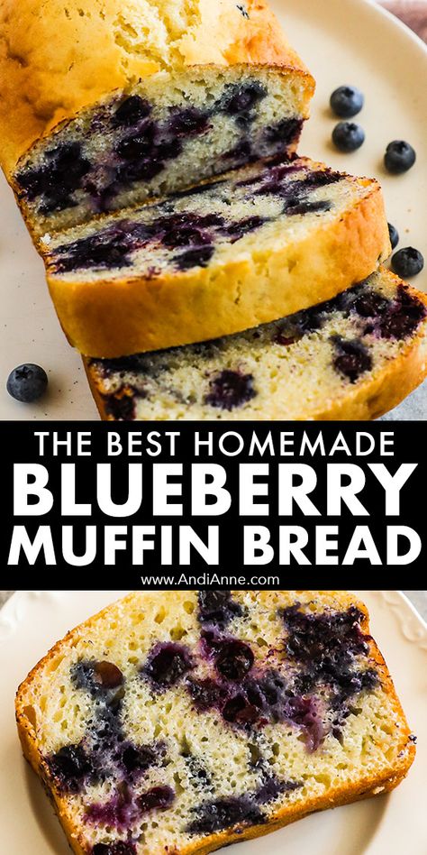 This easy blueberry muffin bread is light, fluffy and packed with flavor. This loaf is always a hit because it isn't too sweet and is still very flavorful. Made with juicy blueberries and an easy muffin-style batter, the loaf isn't too dense and has a bit of a cake texture to it. Blueberry Loaf Bread, Blueberry Recipes Easy, Blueberry Quick Bread, Blueberry Muffin Bread, Blueberry Yogurt Muffins, Loaf Bread Recipe, Blueberry Loaf Cakes, Cake Texture, Homemade Blueberry Muffins