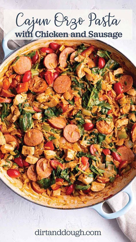 This Cajun chicken orzo pasta with sausage and spinach is a quick and balanced dinner that is loaded with protein, and fresh produce then finished with an orzo pasta with those classic Cajun flavors. Just a little prep and can be cooked in under 30 minutes, making dinner a breeze. Cajun Orzo, Pasta With Sausage And Spinach, Cajun Chicken Orzo, Chicken Orzo Pasta, Balanced Dinner, Eat To Perform, Sausage Spinach Pasta, Chicken Sausage Pasta, Sausage And Spinach