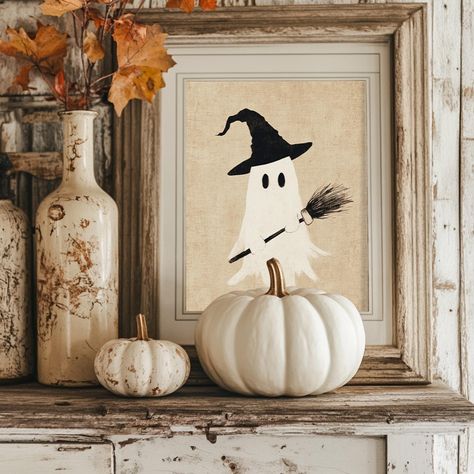 Classy Halloween Home Decor, Scandi Halloween Decor, Halloween Minimalist Decor, Halloween Chic Decor, Beautiful Witch Art, Witch Office, Shabby Chic Halloween Decor, Drawing Cottage, Cottage Halloween Decor