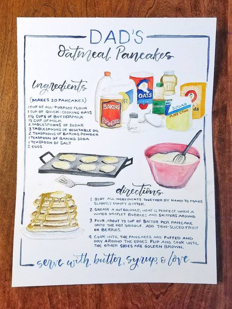 Bring your favorite recipe to life with this beautifully illustrated recipe card. The writing and illustrations are done completely by hand with watercolor paint.  This item makes for a unique, one of a kind, wall art for your kitchen- perfect for that family recipe that has passed down from generation to generation, or even makes a perfect gift for a chef or that special someone who loves to cook!  When ordering, please consider the length of the recipe when selecting the desired size.  Please Watercolor Recipe, Recipe Illustration, Homemade Recipe Books, Recipe Art, Illustrated Recipe, Gift For Chef, Recipe Book Diy, Art For Kitchen, Recipe Drawing