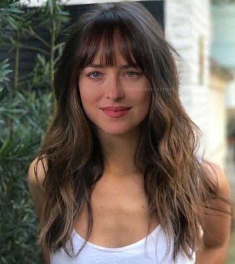 Dakota Johnson Hair, Haircut Tip, New Hair Do, Honey Brown Hair, Cut Her Hair, Hair With Bangs, Long Hair With Bangs, Penteado Cabelo Curto, Hair Color Balayage