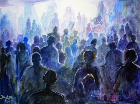 Crowd. Watercolor.Crayons Crowd Painting People, Painting Of Crowd Of People, Watercolor Crowd Of People, Crowd Looking Up, Crowd Of People Painting, Drawing Crowds Of People, Crowded Painting, Crowd Drawing Reference, Crowd Of People Art