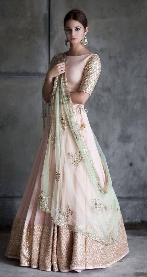 Roka outfit inspiration | Outfit by Prathyusha Garimella | Image via Behance | Bride to be | Indian bridal fashion | Pastel pink lehenga in georgette with sequin work paired with mint dupatta | Bridal couture | Indian bridal fashion | Pastel outfits | Bridesmaids | Tulle skirt and blouse | #wittyvows #indianwedding #trousseau #bridetobe #indianbride #fashion #indianwear #love #bride #bridal #pastel #tulle #skirt #blouse #bridesmaid Indian Bridesmaids Outfits, घाघरा चोली, Peach Wedding Dress, Orang India, Indian Bridesmaids, Pengantin India, Chique Outfit, Gaun Fashion, Pakaian Feminin