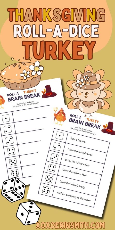 fun Thanksgiving Roll a Turkey Game printable for kids Roll A Dice Game, Thanksgiving Day Activities, Roll A Turkey, Dice Printable, Fun Thanksgiving Activities, Roll A Dice, Fun Thanksgiving Games, Thanksgiving Games For Kids, Game Printable