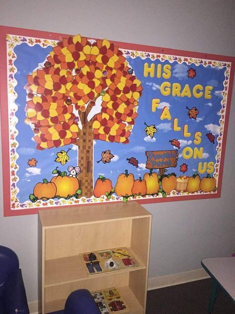 A Fall Autumn Bulletin Board Decorating Idea... "His Grace Falls On Us"🍁🍂🍃 His Grace Falls On Us Bulletin Board, Fall School Bulletin Boards, Autumn Bulletin Board, Fall Boards, Fall Bulletin Boards, Fall School, Bulletin Board Decor, Homeschool Help, School Bulletin Boards