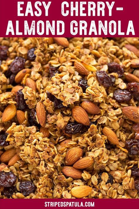 With dried cherries, whole roasted almonds, and toasted coconut flakes, this easy Cherry Almond Granola recipe begs to be sprinkled onto a bowl of Greek yogurt for breakfast or an afternoon snack. #healthyrecipes #healthyeating #easyrecipe #breakfast #snacks Almond Granola Recipe, Yogurt For Breakfast, Healthy Afternoon Snacks, Almond Granola, Granola Recipe, Cherry Almond, Dried Cherries, Granola Recipes, Breakfast Snacks