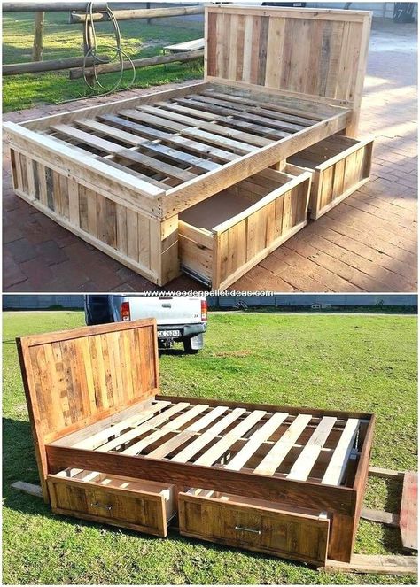 Wood Pallet Beds, Pallet Home Decor, Diy Pallet Bed, Pallet Bed, Diy Bed Frame, Diy Wooden Projects, Pallet Furniture Bedroom, Dekorasi Kamar Tidur, Diy Holz