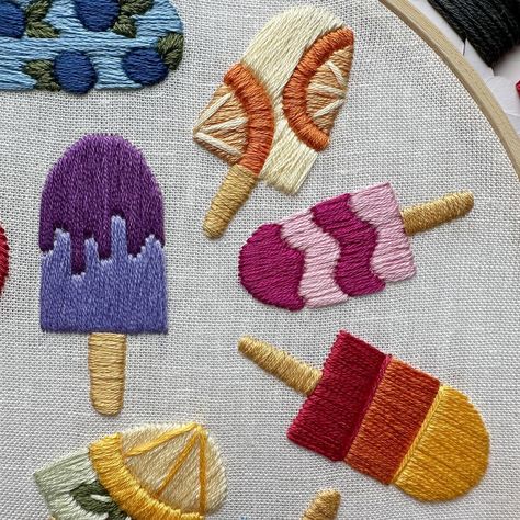 It’s popsicle season! 🍊 What’s your favorite flavor? 😋 My Summer Popsicles pattern is great for beginners and/or anyone who wants to master the satin stitch. 🧵 PDF download comes with a complete stitch and DMC color guide. 🎨 Link in bio! ⬆️ Popsicle Embroidery, Summer Popsicles, Color Knowledge, Summer Sewing, Embroidery Alphabet, Color Guide, My Summer, Satin Stitch, Hand Embroidery Designs