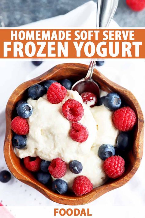 Soft serve frozen yogurt is smooth, creamy, and delicious. With a hint of cinnamon, this is the best way to get your fro-yo fix right in your very own kitchen. Whether you love chocolate syrup or fresh berries, you can top it off however you like. Get the recipe now on Foodal. #froyo #frozendessert #foodal