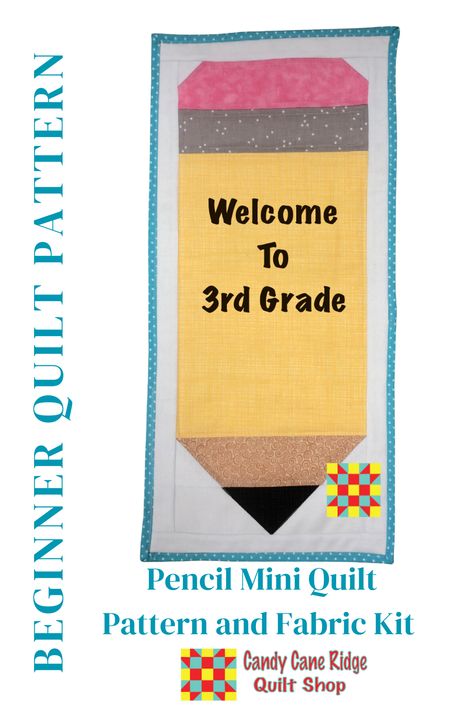 Decorate your teachers classroom door or use this a first day of school information for all you Mommas out there! Pencil Mini Quilt is available for purchase on our website. This beginner friendly quilt pattern is perfect for newbies that want to make something to start the school year off! Pencil Quilt Pattern, Quilted Teacher Gifts, Teacher Quilt, Teachers Classroom, Mini Quilt Patterns, School Information, Fabric Kit, Classroom Door, Future Classroom