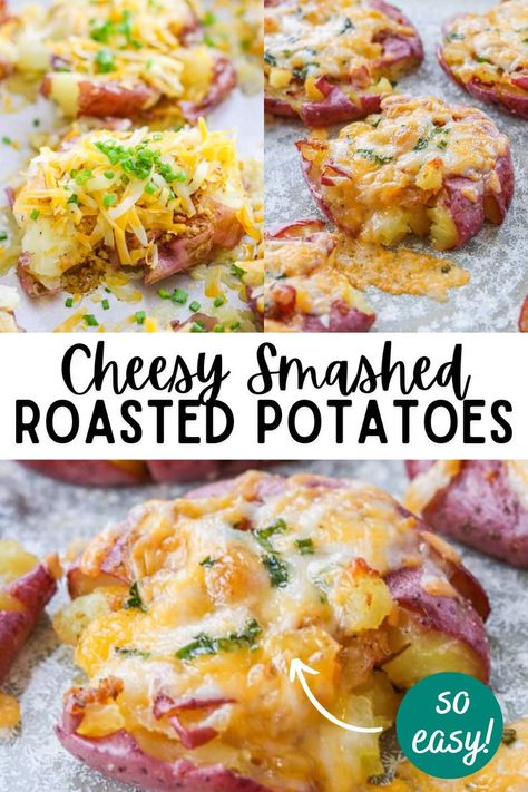 These Smashed Potatoes are small red potatoes boiled until slightly soft, smashed, and basted with a seasoned garlic butter. Then before being roasted for the second time in the oven, they’re topped generously with cheese and chives. It’s a delicious and super easy potato side dish for any night of the week and one you’ll add to your regular menu rotation. Red Potato Healthy Recipe, Red Cheesy Potatoes, Smashed Red Potatoes Recipe, Side Dish Red Potatoes, Dishes With Red Potatoes, Best Smashed Red Potatoes, Red Potato Smashed Potatoes, Ultra Crispy Smashed Potatoes, Recipes With Red Skin Potatoes