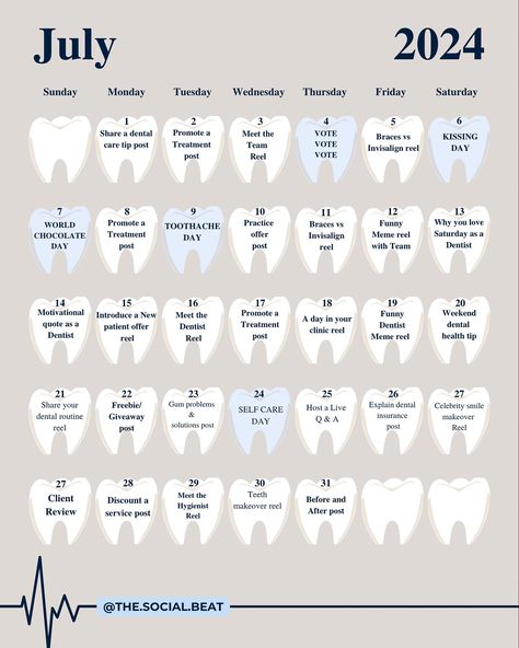 July is officially here! Summer has officially started and kids have no more school but don’t know what to post?? 😱😱😱 Have no fear your calendar is here.🤩🤩 Save this to know what to post for a whole Month!💃🕺💃🕺 Need more help? Don’t know how to create content or don’t have time to manage your socials? 🥲 I offer monthly content calendar plans… 🦷 DM me the word “CONTENT” and let’s chat. 💌💌 Don’t forget to share this with your dental bestie - - - - - #dentalsocialmediamanager #socialmedi... Dental Instagram Post Ideas, Dental Post Ideas, Dental Social Media Posts, Monthly Content Calendar, Dental Instagram, Dental Content, Content Template, Dental Social Media, Dentist Day