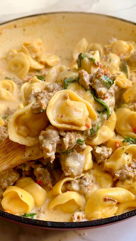 Creamy One Pot Tortellini | kingcooks Creamy Tortellini Sausage Skillet, Cheese Tortellini With White Sauce, Goat Cheese Tortellini, Gorgonzola Tortellini, Tortellini Ground Beef Recipes, Ground Beef And Tortellini Recipes, Tortellini And Sausage Recipes, Tortellini Dinners, Sausage And Tortellini Recipes