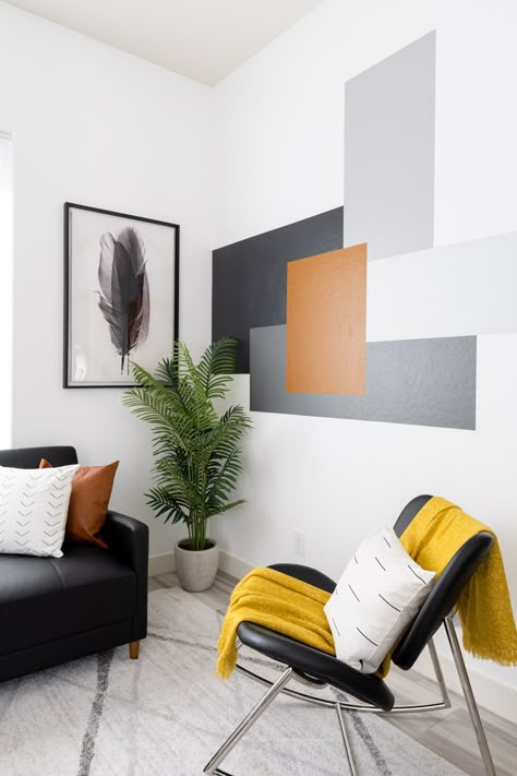 DIY Behr Color Block Accent Wall - AFTER! Wall Painting Living Room, Living Room Wall Color, Room Wall Colors, Diy Wall Painting, Bedroom Wall Designs, Bedroom Wall Paint, Wall Paint Designs, Living Room Paint, Design Living