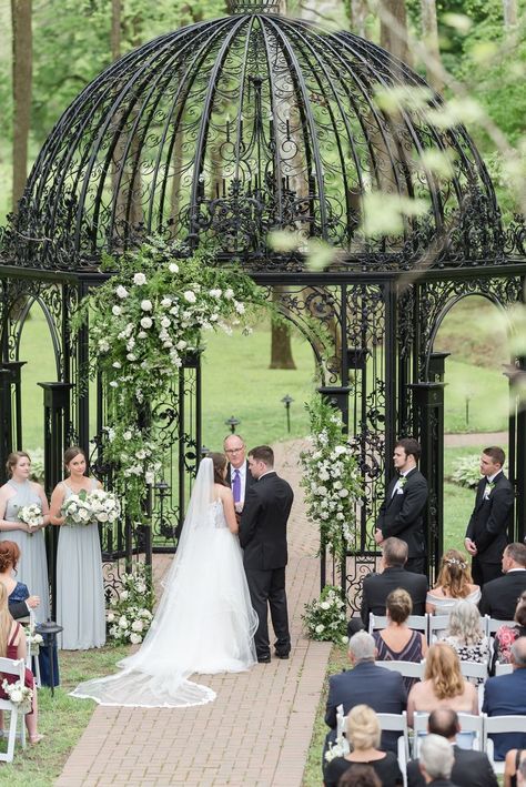 Black Gazebo, Gazebo Wedding Ceremony, Gazebo Ceremony, Nestldown Wedding, Iris Wedding, Lilac Wedding Bouquet, Wedding Gazebo, Wedding Hall Decorations, Outdoor Gazebo