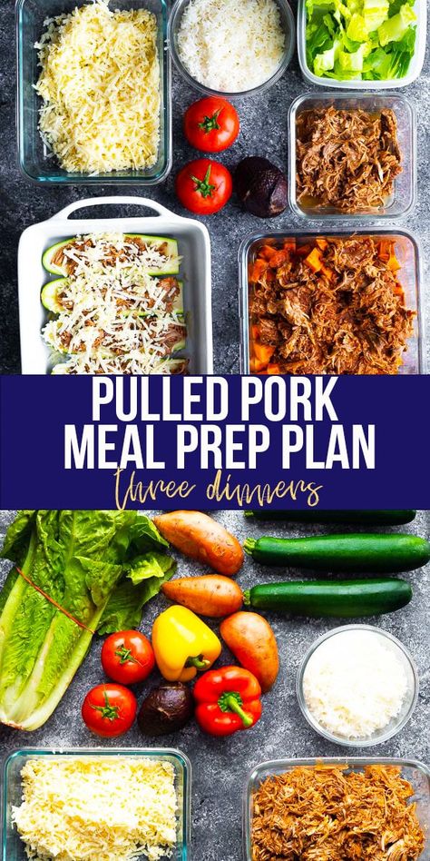 Turn a pork shoulder into three dinner recipes with this pulled pork meal prep plan! With a printable shopping list and video demo to help you, spend 1 hour or less of active prep time to save a ton of time during the work week. #sweetpeasandsaffron #mealprep #pulledpork Pulled Pork Meal Prep, Pork Meal Prep, Sweet Potato Skillet Recipes, Meal Prep Plan, Saffron Recipes, Slow Cooker Freezer Meals, Sweet Potato Skillet, Crockpot Pulled Pork, Meal Prep Plans