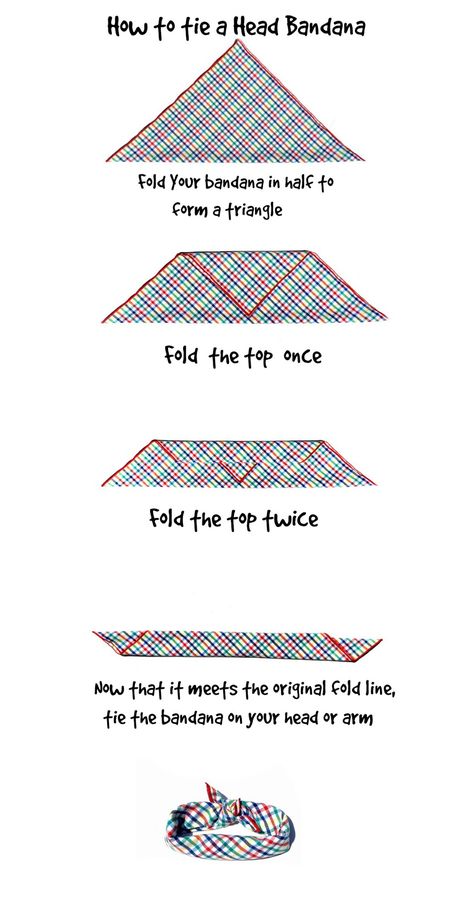 How to tie a head or arm bandana How To Fold A Bandana Headband, Ways To Fold Bandanas, How To Wrap A Bandana On Your Head, Slayer Bandana Style, How To Tie A Bandana Headband, Mens Bandana Style Head Wraps, How To Wear A Bandana On Your Head, How To Make Bandana Headband, How To Bandana