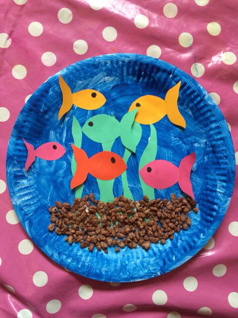 Glue, paper plate, paints and paper...plus coco pops make for a great fish tank Fish Tank Craft For Preschool, Animal Habitats Preschool, Preschool Classroom Rules, Paper Plate Fish, Coco Pops, Aquarium Craft, Autumn 23, Beach Week, Coloured Paper