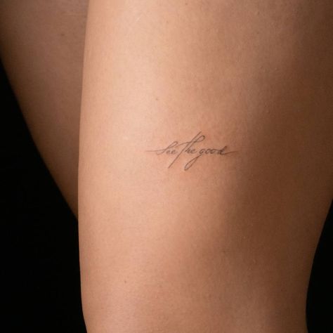 Minimal Tattoo Wrist Women, Golden Cursive Tattoo, Simple Motivational Tattoos, Pinkie Tattoo Small, Small Dainty Tattoos For Women With Meaning, See Good In All Things Tattoo, Dainty Strength Tattoo, See The Good Tattoo Font, Tattoo Phrases For Women Simple