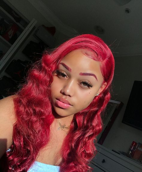 🍭For More Poppin Pin🍭  ♡@YaFavNajah♡   😭GIVE ME CREDIT😭 Red Hair And Red Eyebrows, Dark Red Curly Hair, Highlights Burgundy, Red Eyebrows, Red Violet Hair, Light Red Hair, Curly Hair Ideas, Hair Burgundy, Dye Eyebrows