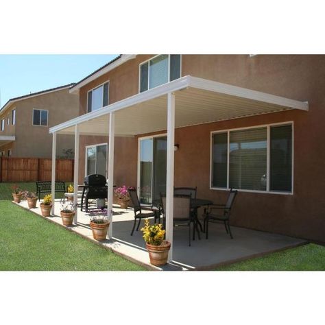 Integra 20 ft. x 8 ft. White Aluminum Attached Solid Patio Cover with 4 Posts (20 lbs. Live Load)-1252006700820 - The Home Depot Aluminum Patio Covers, Small Pergola, Covered Back Patio, Cheap Pergola, Pergola Lighting, Pergola Attached To House, Patio Cover, Covered Pergola, Pergola With Roof