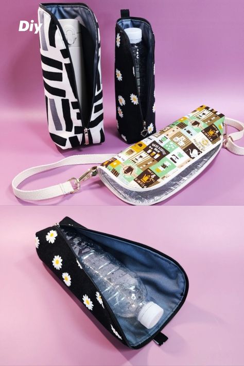 Cooler Bags Insulated, Cell Phone Holders, Insulated Water Bottle Holder Pattern, Diy Cooler Bag, Water Bottle Holder Pattern Sewing, Water Bottle Bag Sewing Pattern, Bottle Bag Diy, Bottle Holder Diy, Baby Bottle Diy