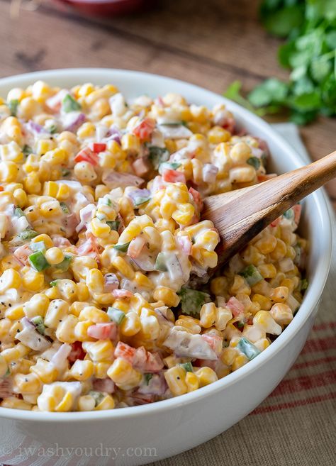 The perfect summer potluck recipe! This Creamy Corn Salad Recipe is a quick and easy side dish that’s filled with crisp corn kernels that pop in a creamy sauce; perfect for summer potlucks and bbq’s! Creamy Corn Salad, Summer Potluck Recipes, Corn Recipes Side Dishes, Corn Salad Recipe, Mexican Corn Salad, Summer Flavors, Corn Dishes, Corn Salad Recipes, Summer Side Dish