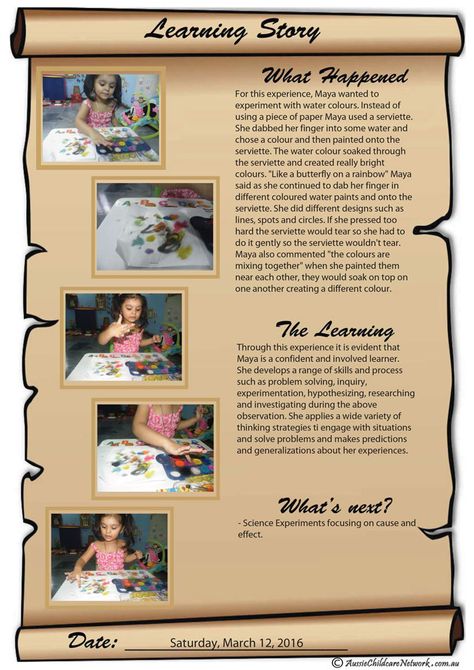 Learning Story Scroll - Aussie Childcare Network Painting Observation In Childcare, Observations Childcare Early Childhood, Learning Story Early Childhood, Learning Stories Early Childhood, Observation Childcare, Childcare Observations Examples, Childcare Documentation, Observation Examples, Learning Stories Examples