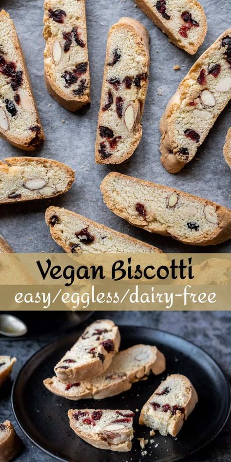 Vegan biscotti with almonds and cranberries - this vegan version of biscotti is just as delicious as the original and so easy to make! They are wonderful with a cup of coffee and keep for ages so make great Christmas gifts! #eggless #biscuits #cookies #vegan #veganbaking #vegancookies Biscotti Healthy Recipe, Biscotti Recipe Vegan, Vegan Biscotti Recipe Easy, Vegan Biscotti Recipe, Healthy Biscotti Recipe, Eggless Biscotti, Vegan Almond Cookies, Eggless Biscotti Recipe, Vegan Biscotti