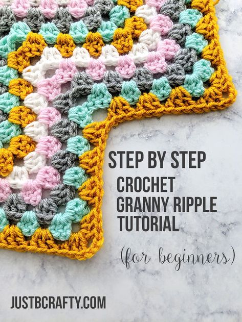 Learn to crochet the granny ripple stitch in this step by step video tutorial!  Free crochet pattern and video tutorial by Just Be Crafty #crochet #grannyripplestitch #crochetstitch #justbecrafty Granny Stitch Ripple Afghan, Cotton Ripple Cakes Crochet Patterns, Granny Stitch Chevron Blanket, Chevron Granny Square Pattern, Granny Chevron Crochet Blanket Pattern, Granny Ripple Crochet Pattern, Ripple Stitch Crochet, Crochet Ripple Afghan Pattern, Crochet Ripple Afghan