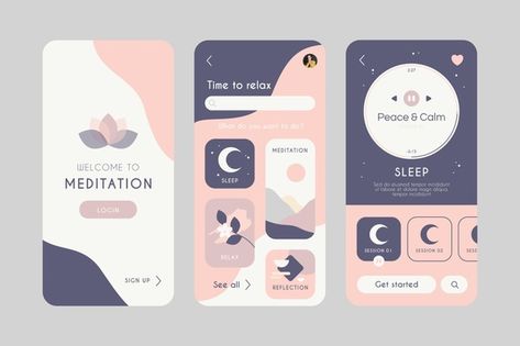 Meditation app interface template with i... | Premium Vector #Freepik #vector #business #technology #phone #mobile Creative App Design, Desain Ux, Ui Ux 디자인, App Design Layout, Ux App Design, Meditation App, Ui Design Trends, Mobile App Design Inspiration, App Interface Design