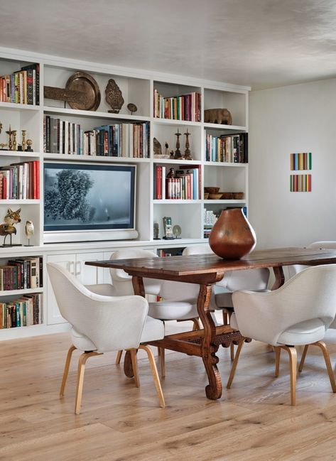 Built In Shelves Dining Room With Desk, Bookshelves Dining Table, Dining Room Banquette Bookshelves, Built In Shelves Dining Room Mid Century, Built In Hutch Dining Room Open Shelves, Reading Area, Built In Shelves, Organic Modern, Dining Room