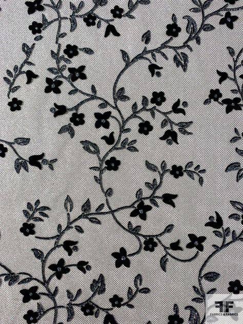 Made in France Floral Flocked Metallic Tulle with Glitter Detailing - Grey / Silver / Black SKU: 12258 Content: Nylon / Lurex Color: Grey / Silver / Black Width: 55 inches Origin: France Gothic Floral Pattern, Floral Fabric Texture, Grey Fabric Texture, Fabric Design Pattern, Rh Decals, Aesthetic Fabric, Textures Fabric, Indie Pattern, Fabric Texture Pattern