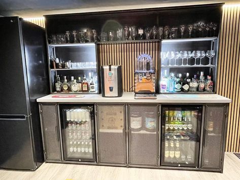 Home Bar Unit, Industrial Home Bar, Home Bar Setup, Basement Room, Tv Stand Shelves, Home Bar Cabinet, Modern Industrial Design, Home Bar Rooms, Bar Unit