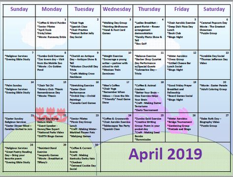 April 2019 Senior Activities Calendar - Love Laugh and Bingo Assistant Living Activities Ideas, April Activities For Adults, April Senior Activities, Nursing Home Activities Calendar, Activities Calendar For Seniors, Spring Activities For Seniors, April Activities For Seniors, May Activities For Seniors, Senior Activity Ideas