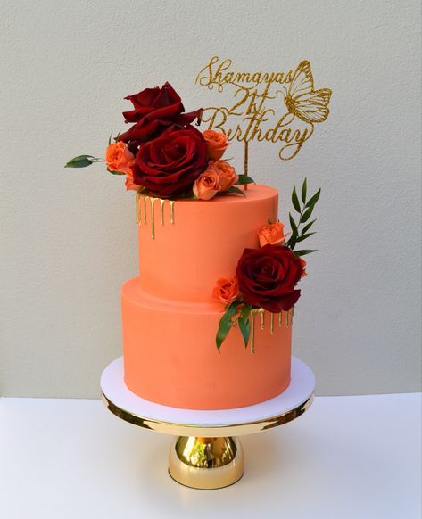 2tier Birthday Cake For Women, Tropical Birthday Cake For Women, Orange Birthday Cake For Women, Orange Color Cake Birthday, 2 Tier Birthday Cake For Women, Gold 21st Birthday Cake, Haldi Cake, Orange Color Cake, 2 Tier Birthday Cake