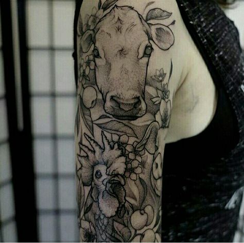 By norako_tattoo Cow And Sunflower Tattoo, Veterinarian Tattoo, Animal Rights Tattoo, Farm Tattoo, Tatoo Dog, Chicken Tattoo, Protection Tattoo, Earthy Tattoos, Pig Tattoo