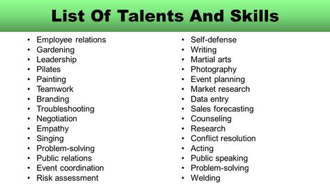 In this article, we explore the “list of talents and skills”. As individuals, we all have unique abilities and developed proficiencies that make us capable in different areas of life. Whether you’re a seasoned professional looking to improve your skills or a curious person eager to discover new talents, this curated list will be a … List of Talents and Skills Read More » List Of Talents And Skills, Skills Every Woman Should Have, Skills And Talents List, Character Talents List, List Of Skills For Characters, Talents List, Talents To Learn, New Skills To Learn List, List Of Talents