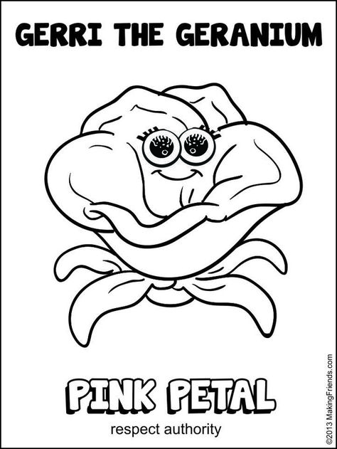 Girl Scout Daisy Pink Petal. Gerri the Geranium Coloring Page. For more printables see MakingFriends.com Girl Scout Daisy Petals, Girl Scout Daisy Activities, Girl Scout Mom, Girl Scout Law, Girl Scout Troop Leader, Scout Mom, Girl Scout Badges, Girl Scout Daisy, Girl Scout Activities