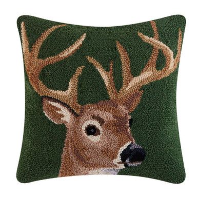 Add a touch of nature-inspired charm to your living space with the Wilderness Deer Hooked Pillow. This pillow features a beautiful deer design that will bring warmth and comfort to any room. 100% wool and poly velvet back with poly fill Hand-hooked wool 18"W x 18"L Spot clean Brown, white, black and green Rustic Bedding Sets, Cabin Pillows, Hook Pillow, Deer Pillow, Hooked Pillow, Hippie Homes, Kitchen Rugs And Mats, Small Cushions, Hooked Wool