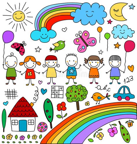 School Wall Art, Kids Doodles, Stick Figure Drawing, Happy Children's Day, House Drawing, Rainbow Kids, Drawing Set, Art Drawings For Kids, Stick Figures