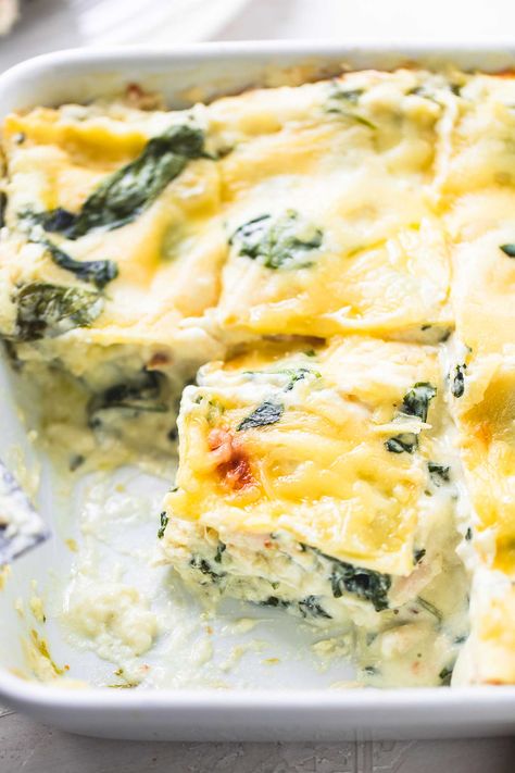 Easy White Chicken Lasagna with Spinach | Creme De La Crumb Dinner For Beginner Cooks, Intermediate Cooking Recipes, Dinners With Spinach, Dinner Guest Recipes, Chicken Spinach Lasagna Recipe, Easy White Chicken Lasagna, White Lasagne, Spinach Lasagna Recipe, Lasagna With Spinach