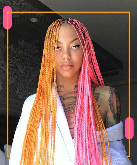 Best Black Female Tattoo Artists To Follow On Instagram Pink And Orange Box Braids, Box Braids 2 Colors, Pink And Orange Braids, Orange Braids Black Women, Two Color Box Braids, Two Color Braids Black Women, Box Braids Two Colors, Box Braids Colorful, Orange Braids For Black Women