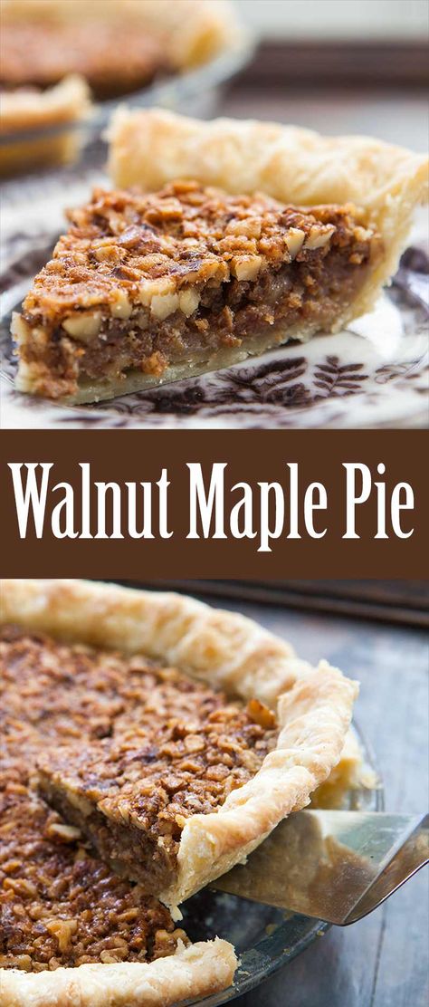 Walnut Pie! Similar to pecan pie, with fresh chopped walnuts, in a custardy base, sweetened with maple syrup. Perfect for the holidays! #Thanksgiving Maple Walnut Pie, Walnut Pie Crust Desserts, Walnut Deserts, Recipes With Walnuts, Walnut Cobbler, Walnut Recipes Dessert, Walnut Pie Recipe, Maple Pie, Walnut Dessert