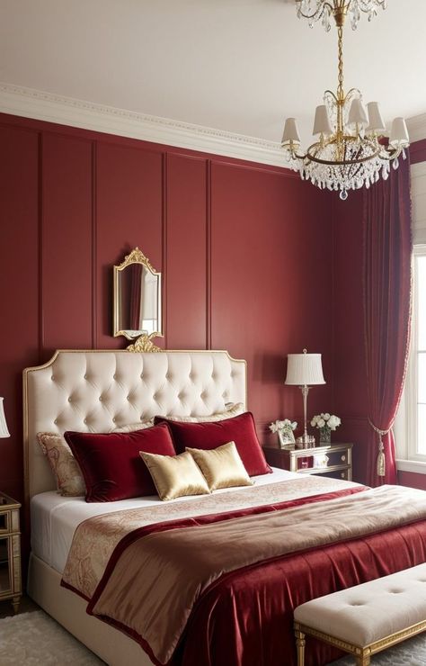 Red Gold Bedroom Ideas, Cream And Burgundy Bedroom, Red Master Bedrooms Decor, Gold And Red Bedroom, Red Bedroom Ideas Aesthetic, Burgundy And Gold Bedroom, Red Coquette Bedroom, Red And Gold Bedroom Ideas, Red Velvet Bedroom